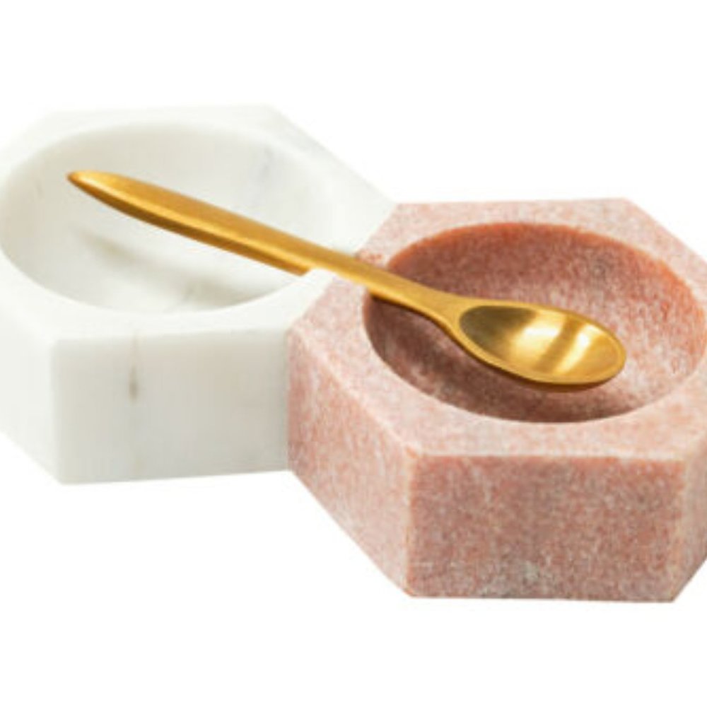 NIB Pink Marble Salt & Pepper Holder with Spoon